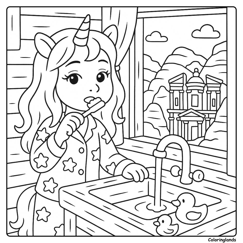 Unicorn girl at a sink, hills and a stone temple outside