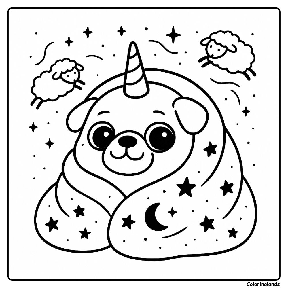 Starry blanket pugicorn under moon, cute coloring picture