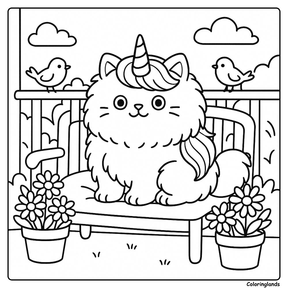 Long haired caticorn rests on a garden bench with birds