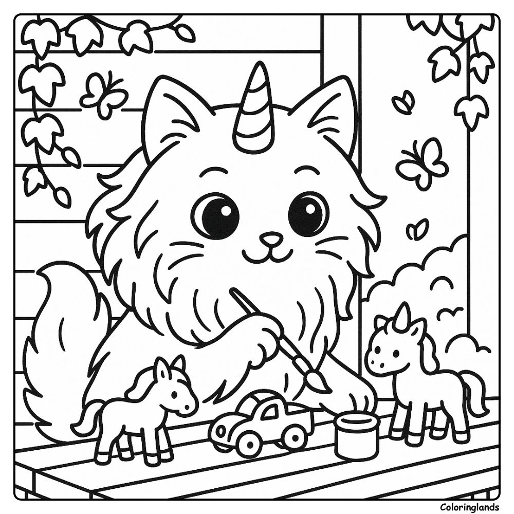 Fluffy caticorn paints toy ponies on a wooden porch