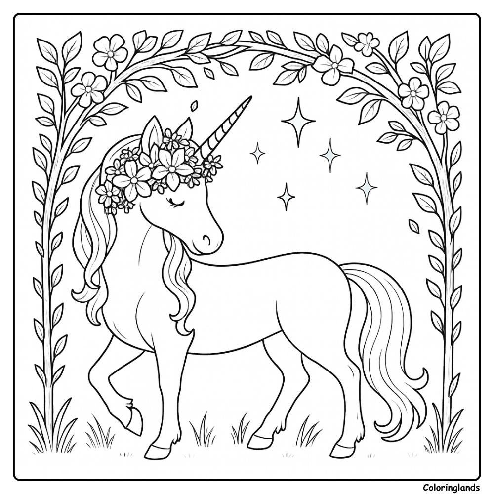 Unicorn in floral arch with crown and twinkling stars