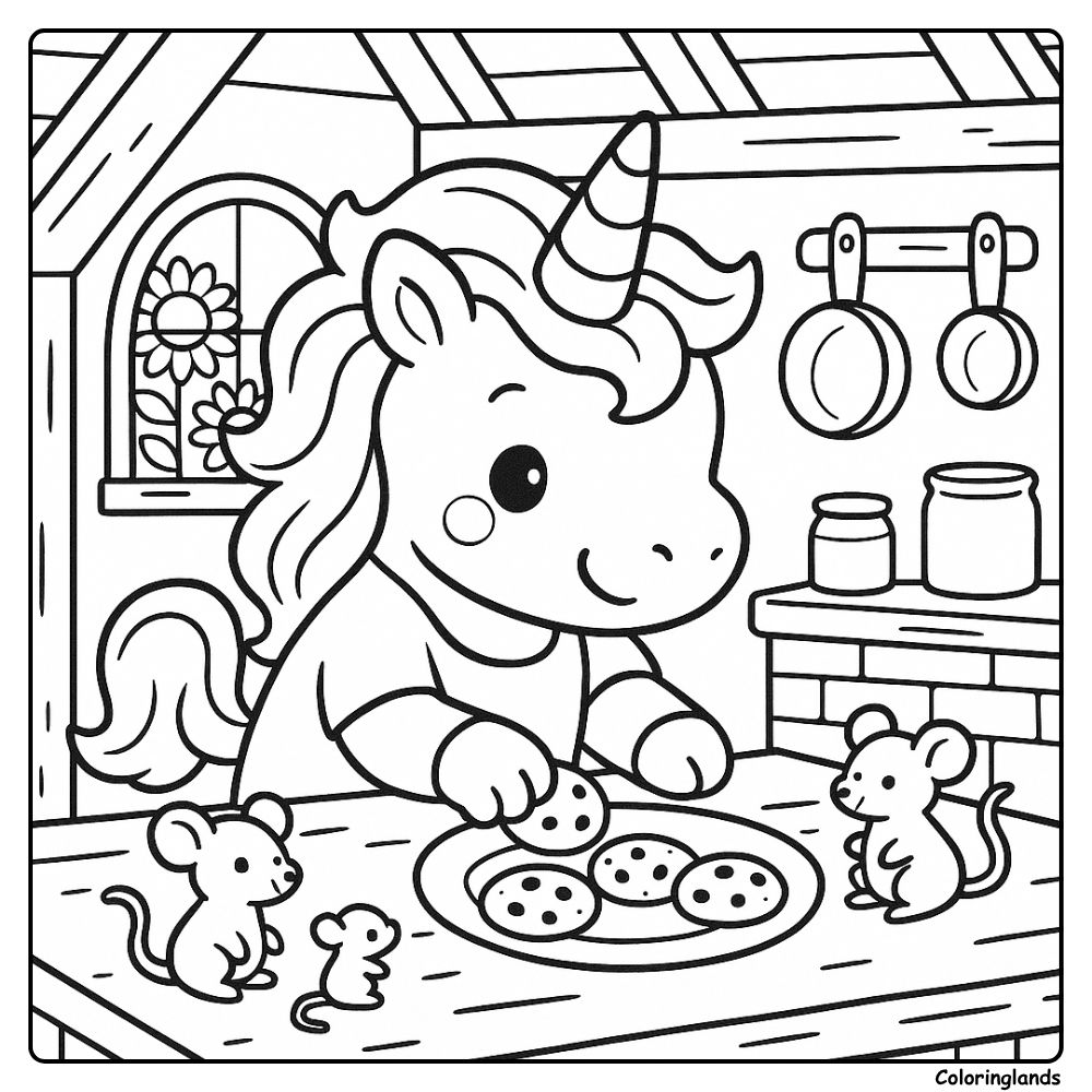 Friendly unicorn shares fresh cookies in a cozy kitchen