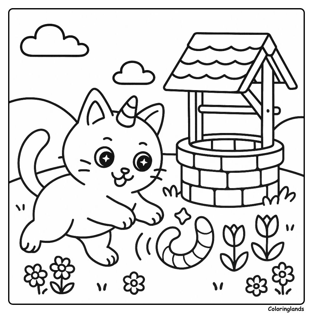 Unicorn kitten near stone well with clouds and flowers