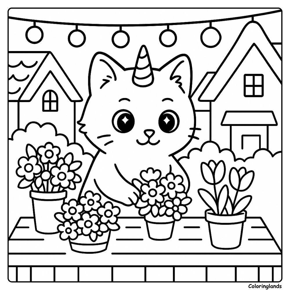Unicorn kitten among potted flowers on a porch at night