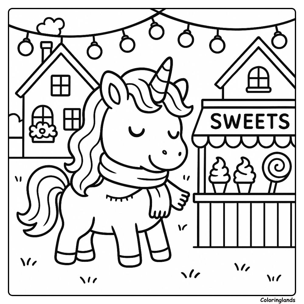 Unicorn near candy stand with lollipop and soft serve