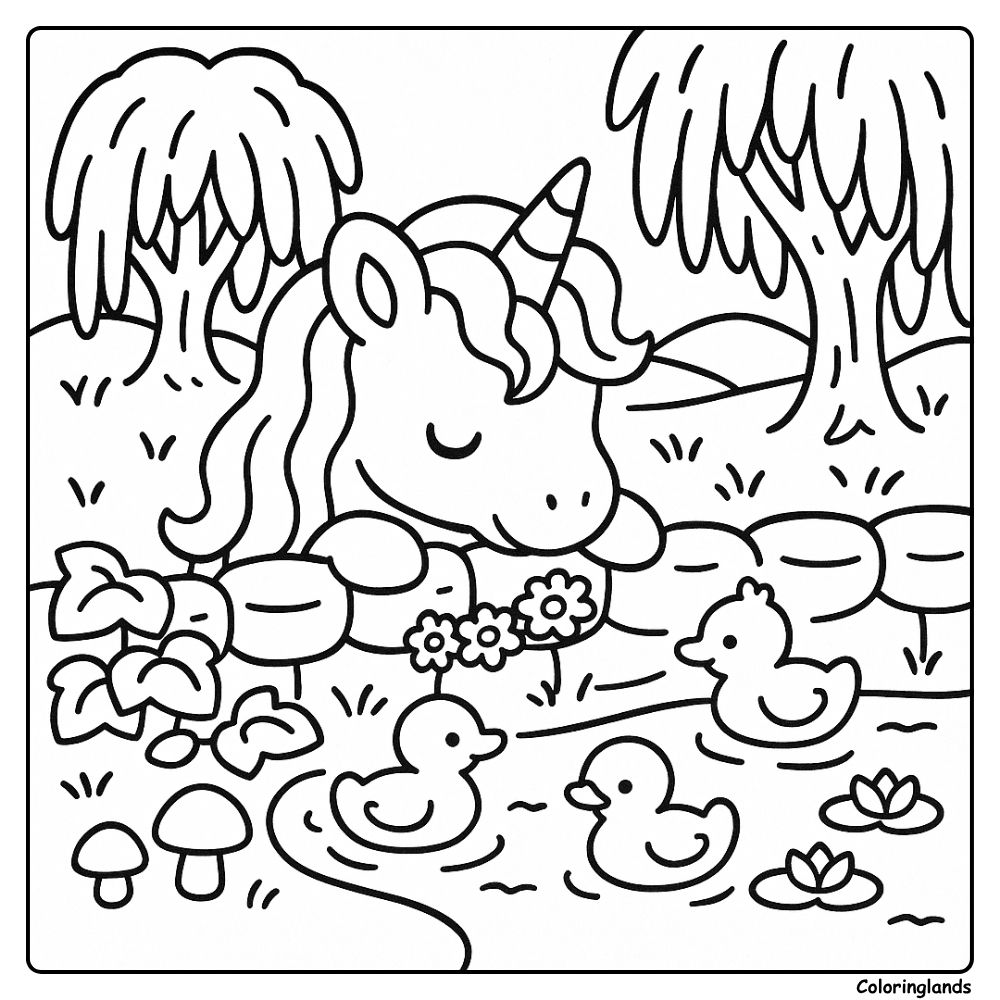 Unicorn by water with ducklings and lilies, coloring image