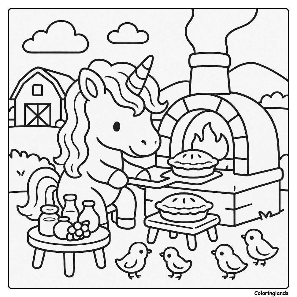 Unicorn bakes pies by a brick oven with chicks around