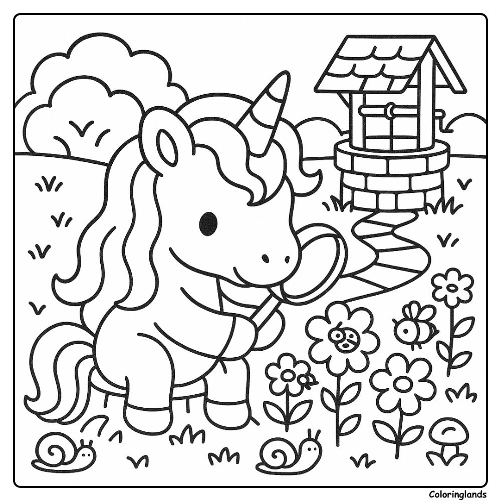 Unicorn studies blooms by a wishing well with garden bugs