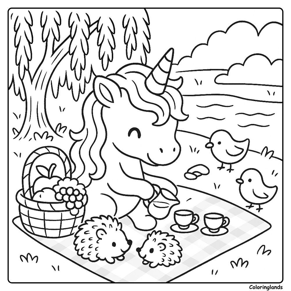 Unicorn picnic with hedgehogs by the river, printable art