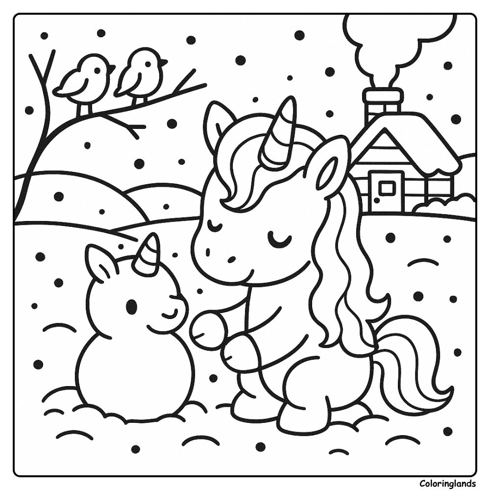 Unicorn builds a snow buddy near a cabin in winter