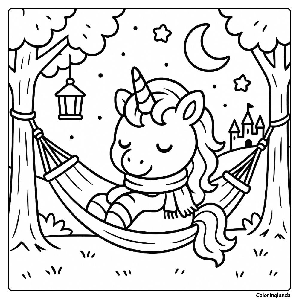 Unicorn asleep in hammock with stars and a lantern
