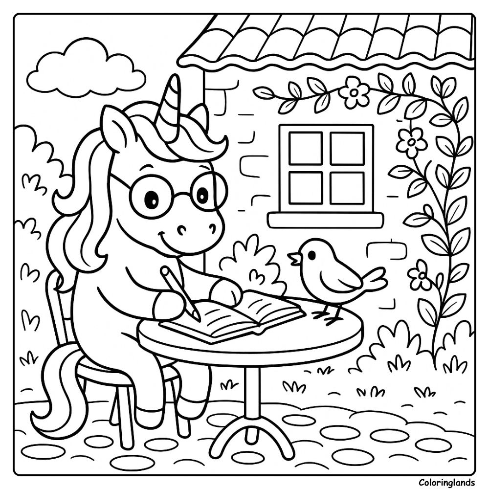 Bespectacled unicorn writes as a friendly bird chats