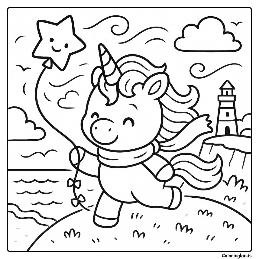 Unicorn runs by the sea as a lighthouse keeps watch