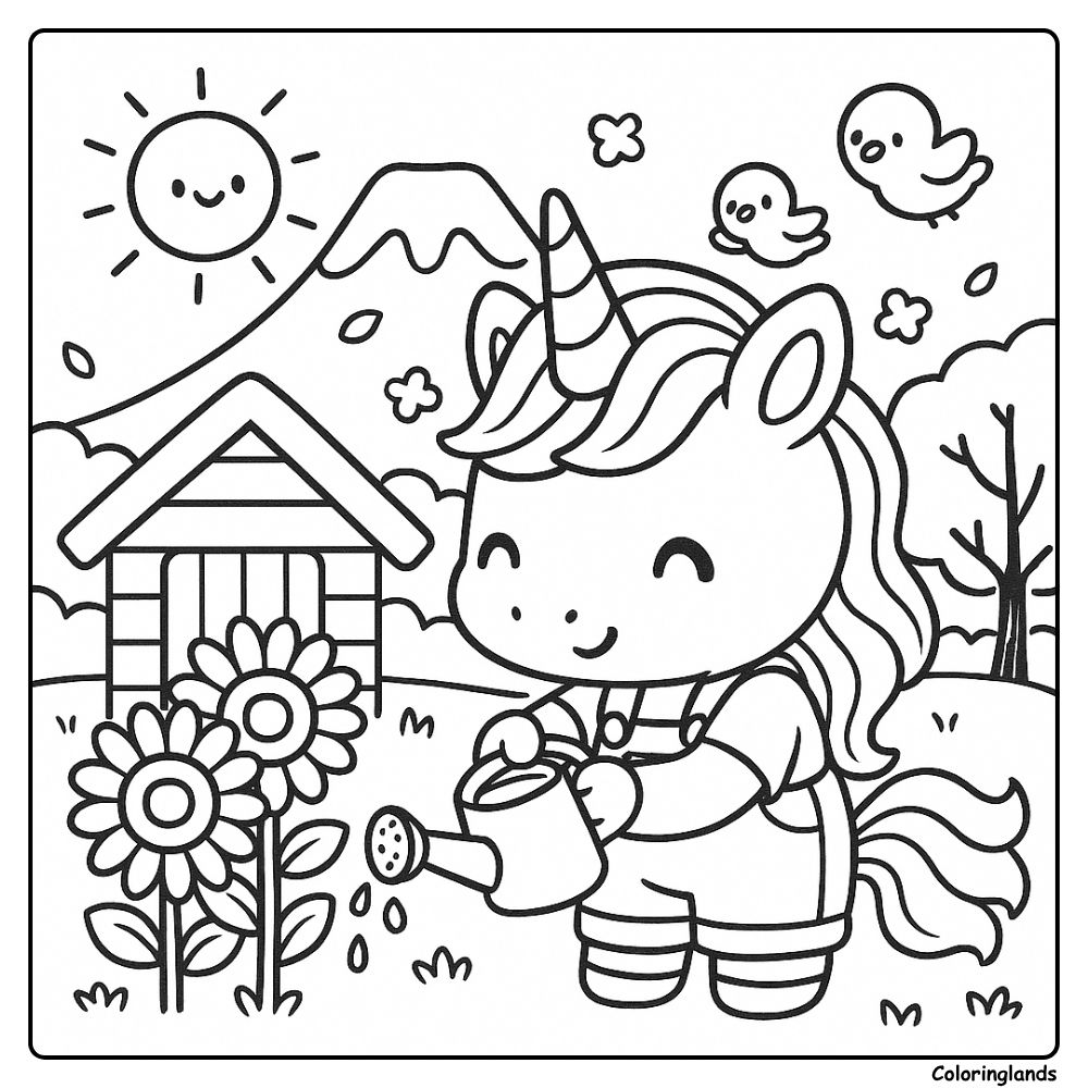 Smiling unicorn tends tall sunflowers by a cottage