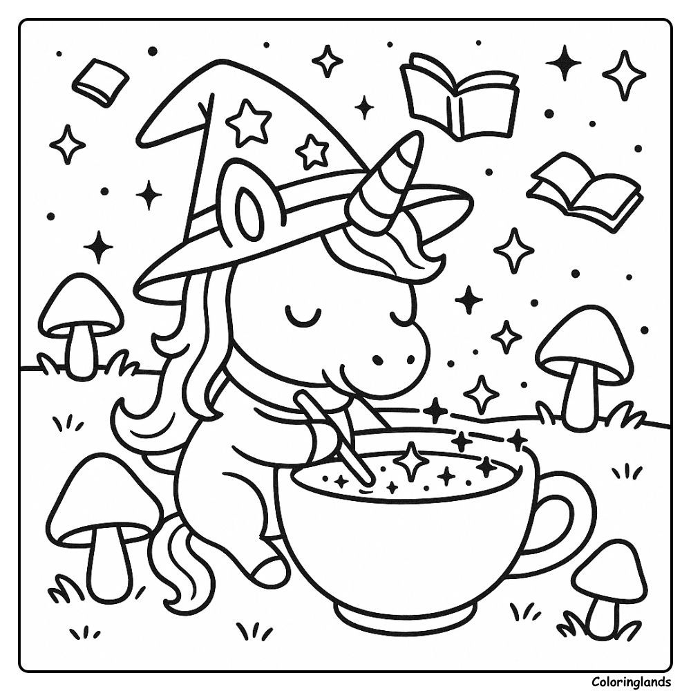 Unicorn stirs a starry potion with books in the air