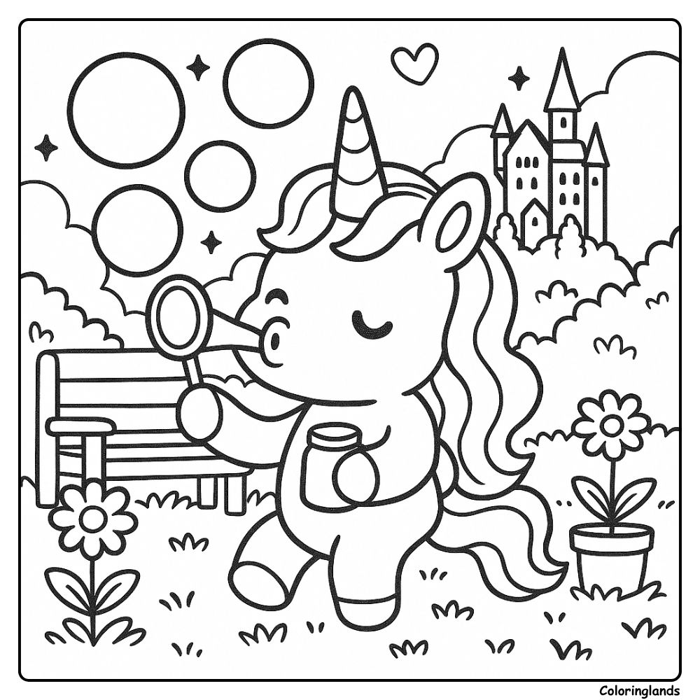 Playful unicorn blows bubbles near a bench and flowers