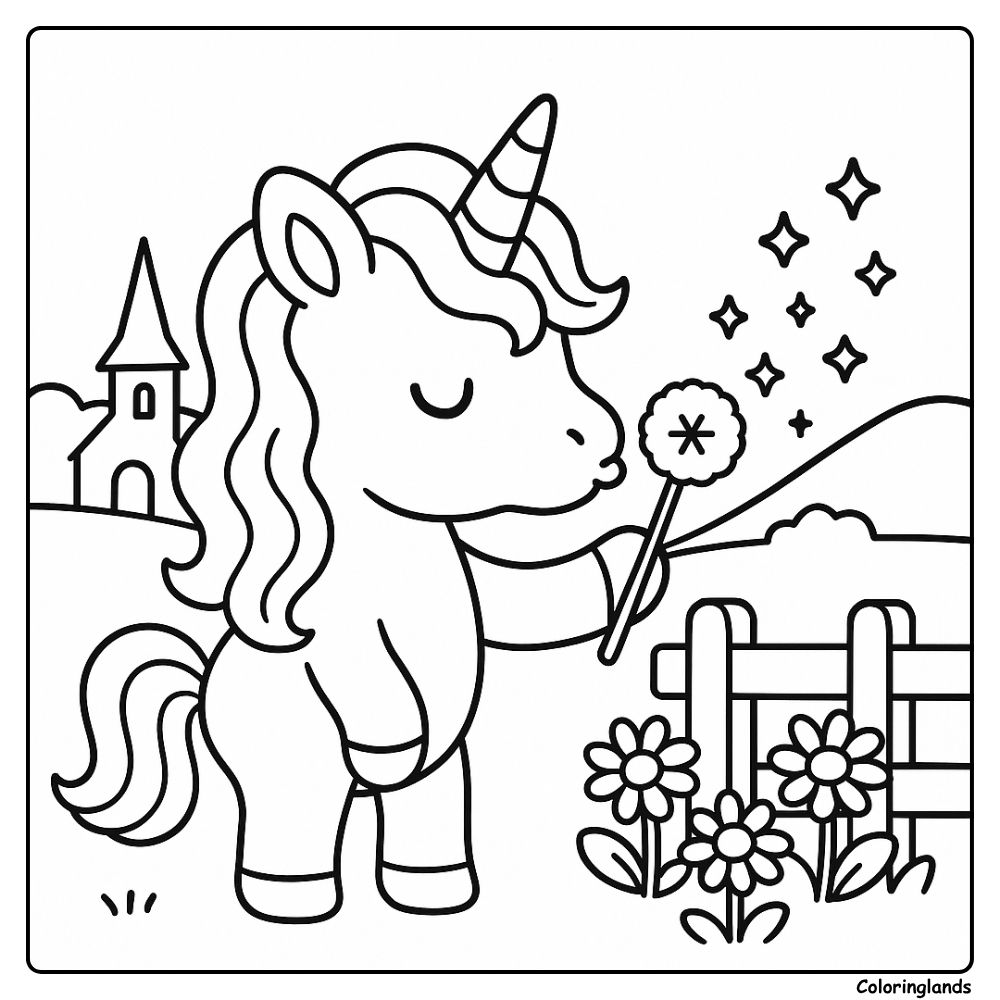 Unicorn blows seeds and soft stars sparkle over fields