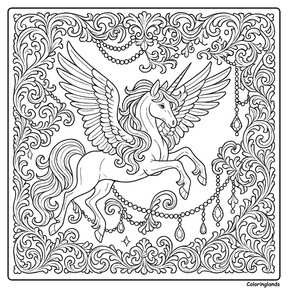 Unicorn with wings in decorative ornate fantasy frame