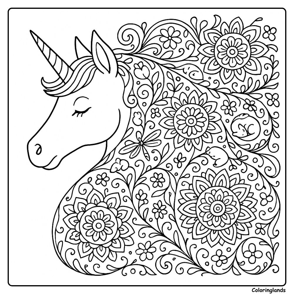 Intricate unicorn drawing surrounded by flowers and leaves