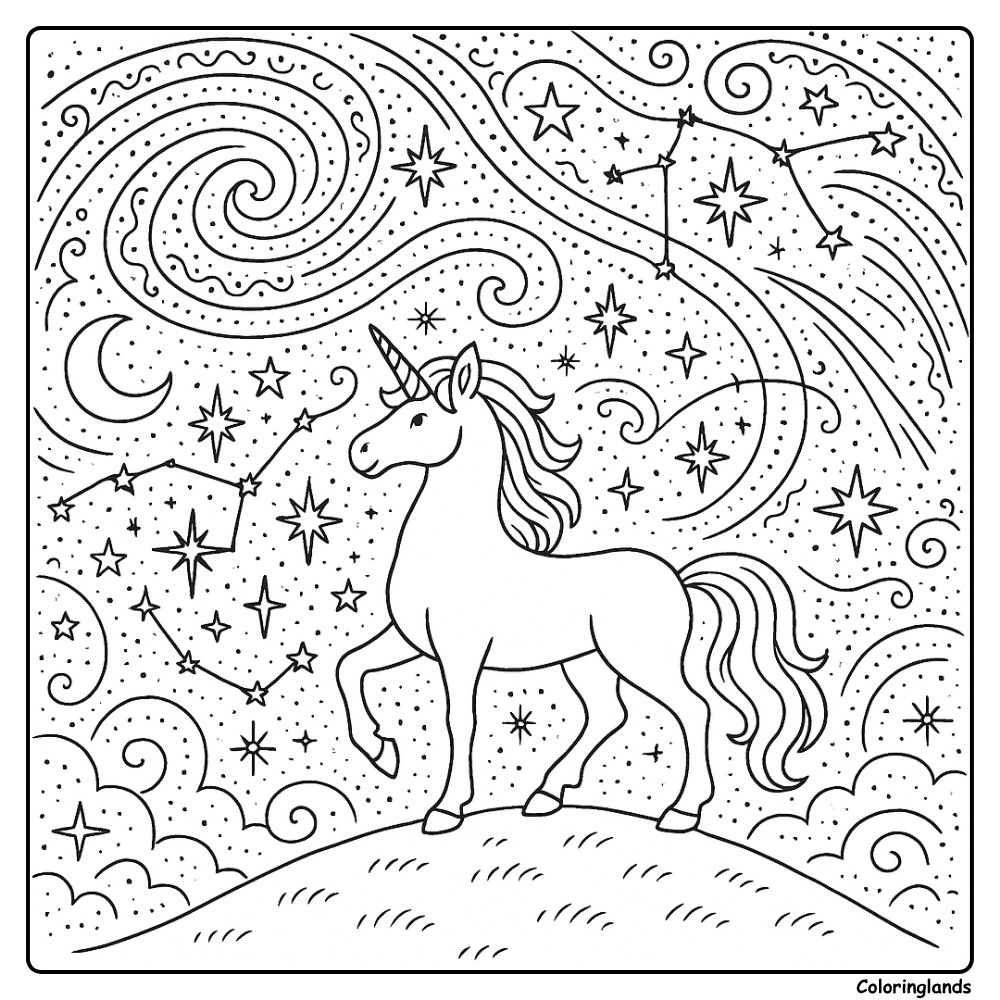Unicorn illustration under swirling stars and constellations