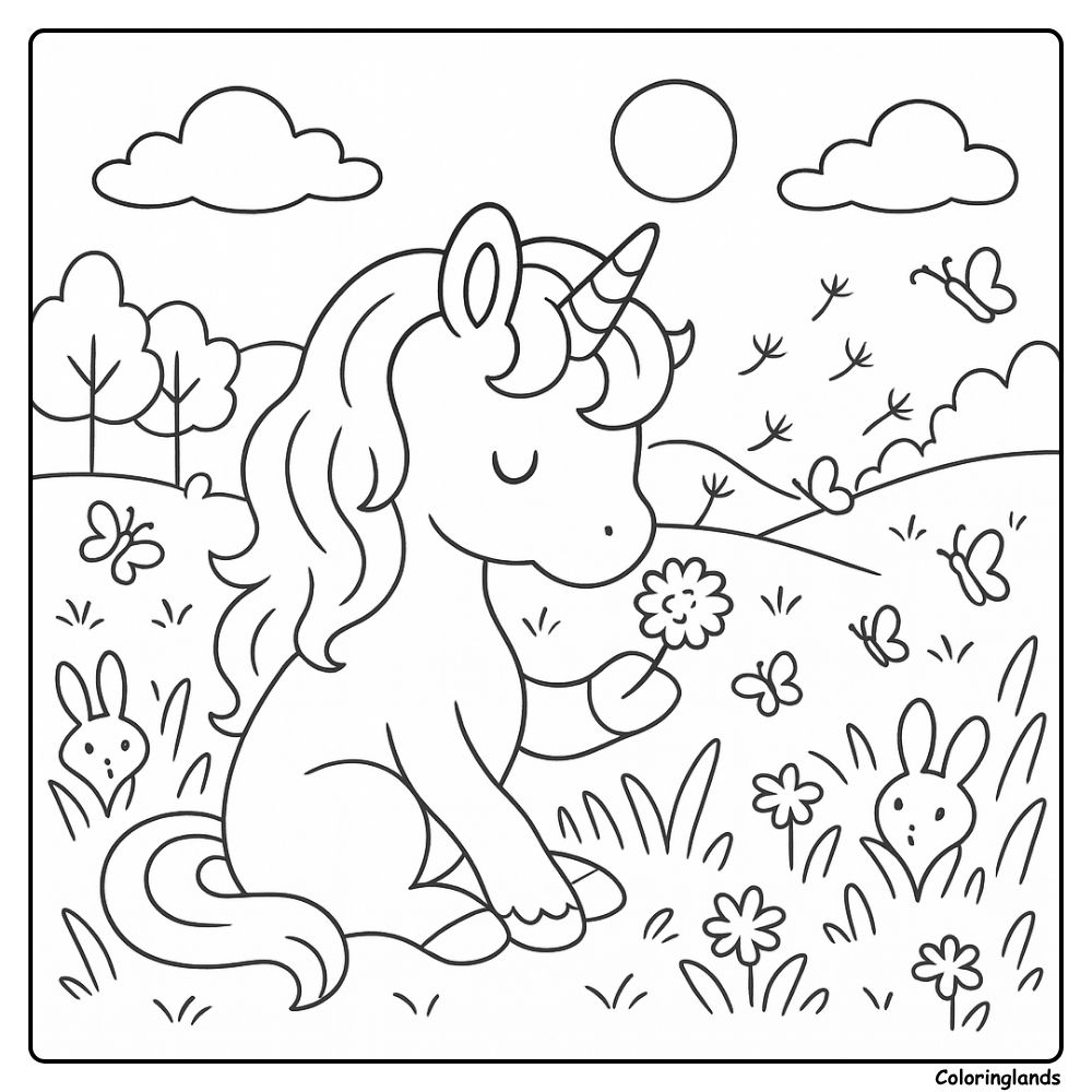 Printable unicorn coloring sheet with flower field