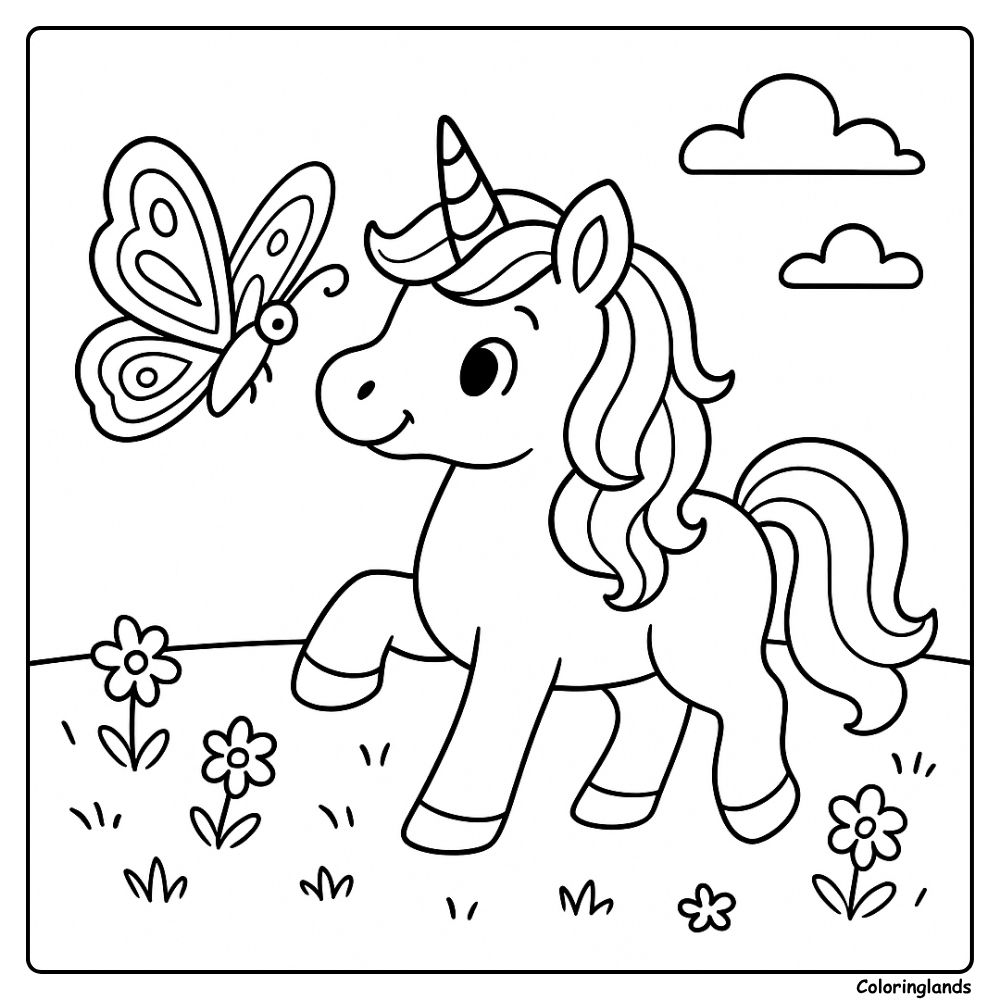 Cute unicorn and butterfly printable coloring sheet
