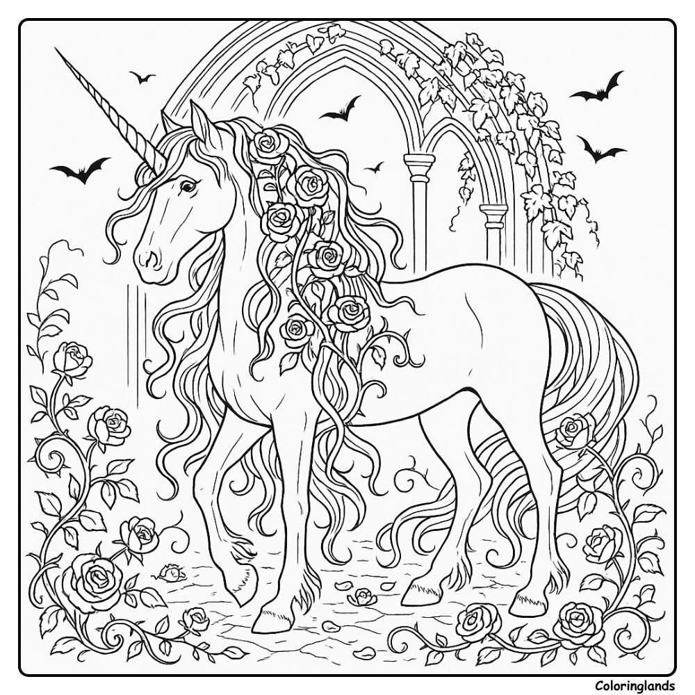 Rose mane unicorn under bats by ivy wrapped arches