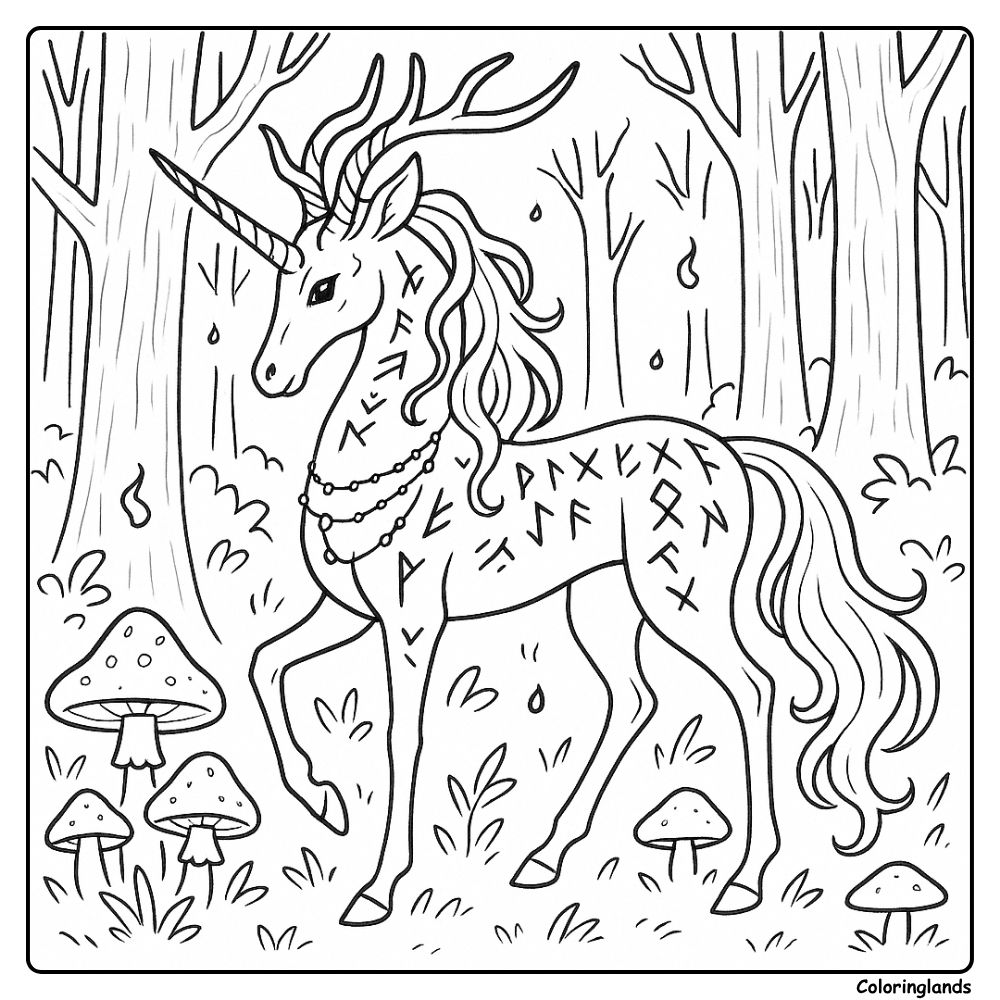 Rune covered unicorn among mushrooms and silent pines