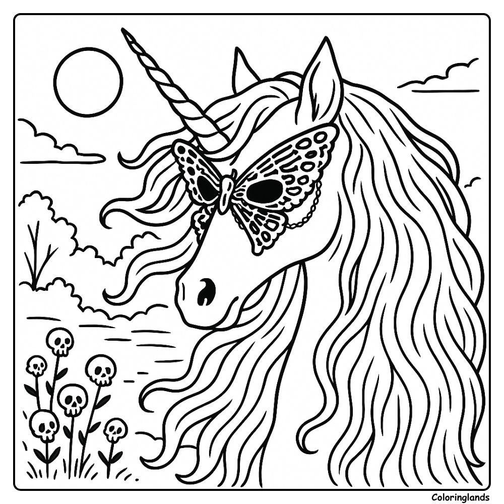 Butterfly mask on a unicorn with skull blooms and moon