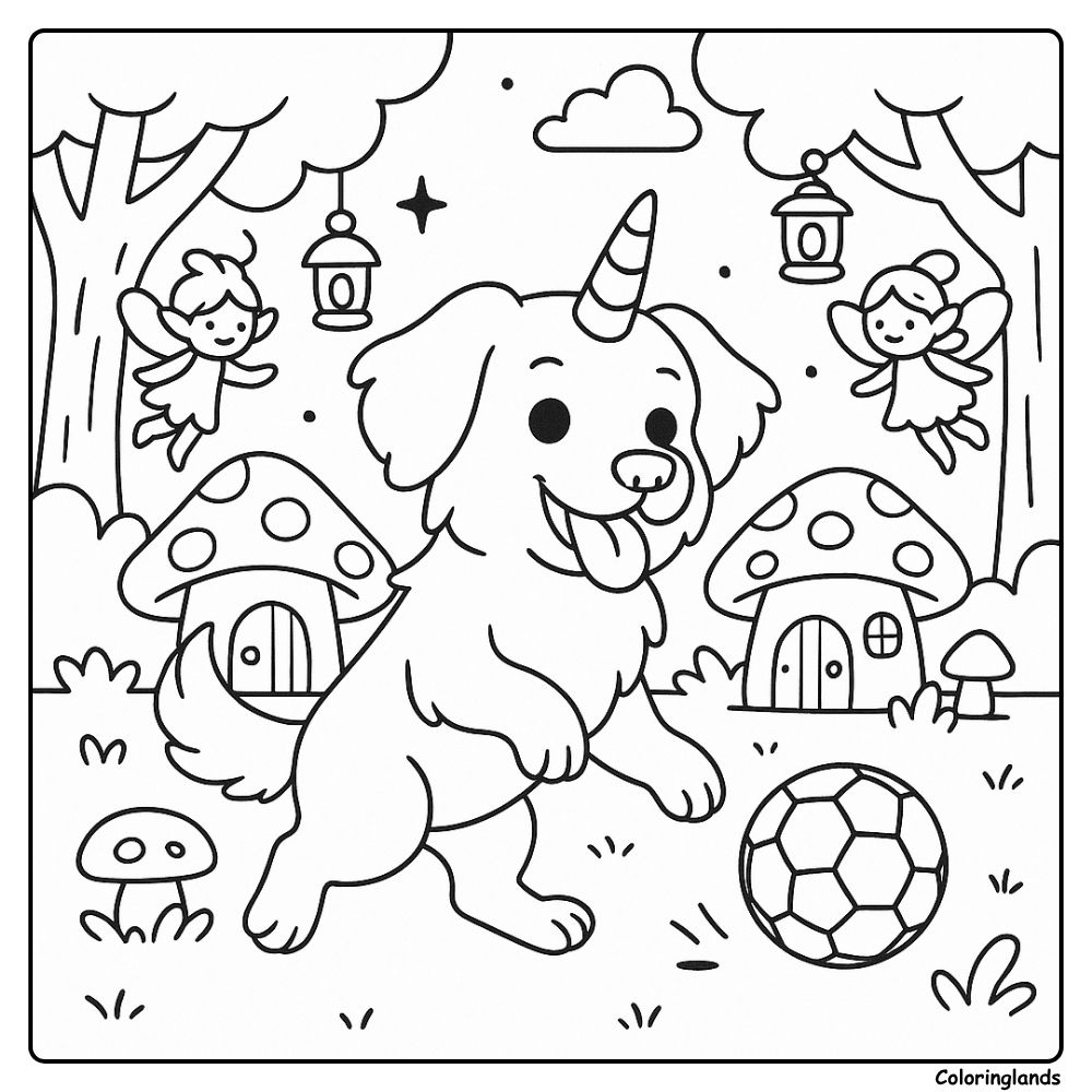 Unicorn pup plays soccer with fairies in a woodland scene