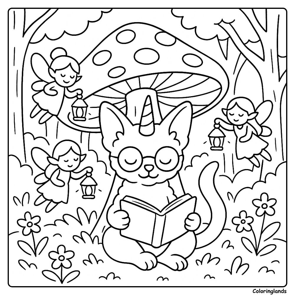 Coloring picture of caticorn with glasses and fairy lanterns