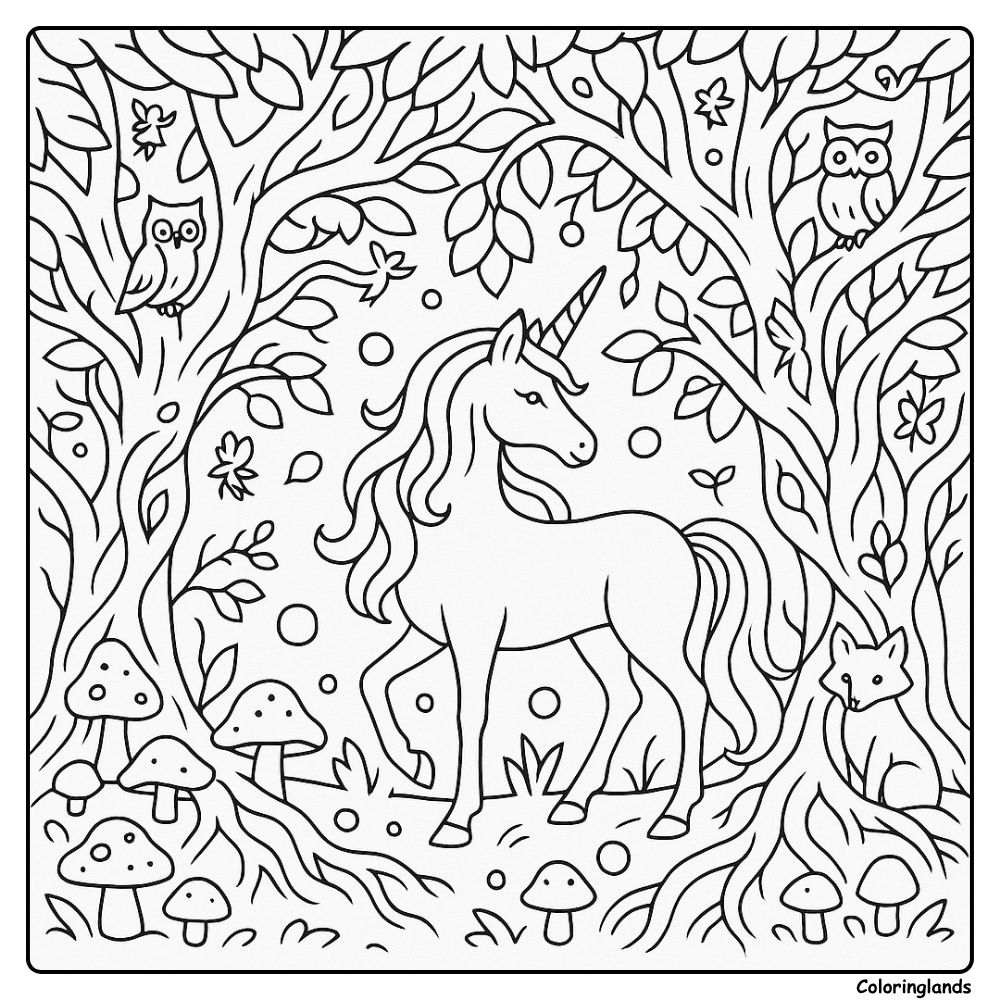Unicorn coloring sheet in magical forest with animals