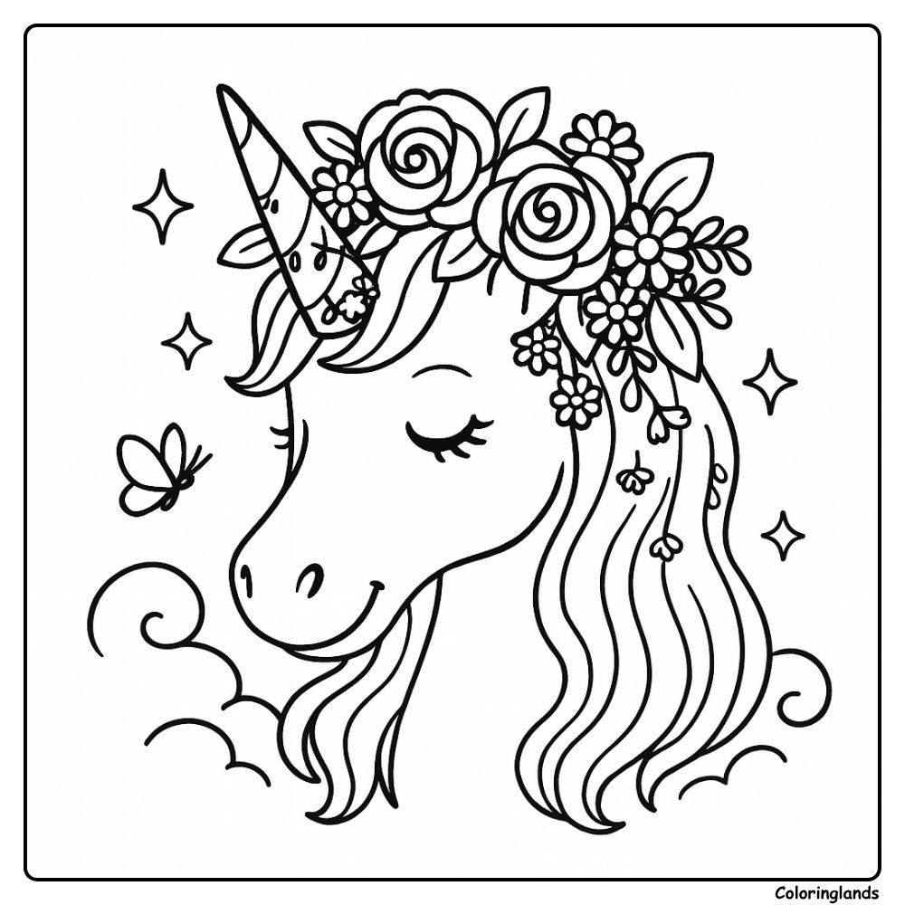 Unicorn face with flowers and butterfly in coloring design