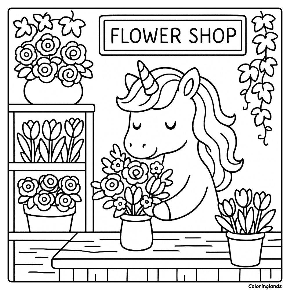 Flower shop scene with a unicorn arranging fresh bouquets