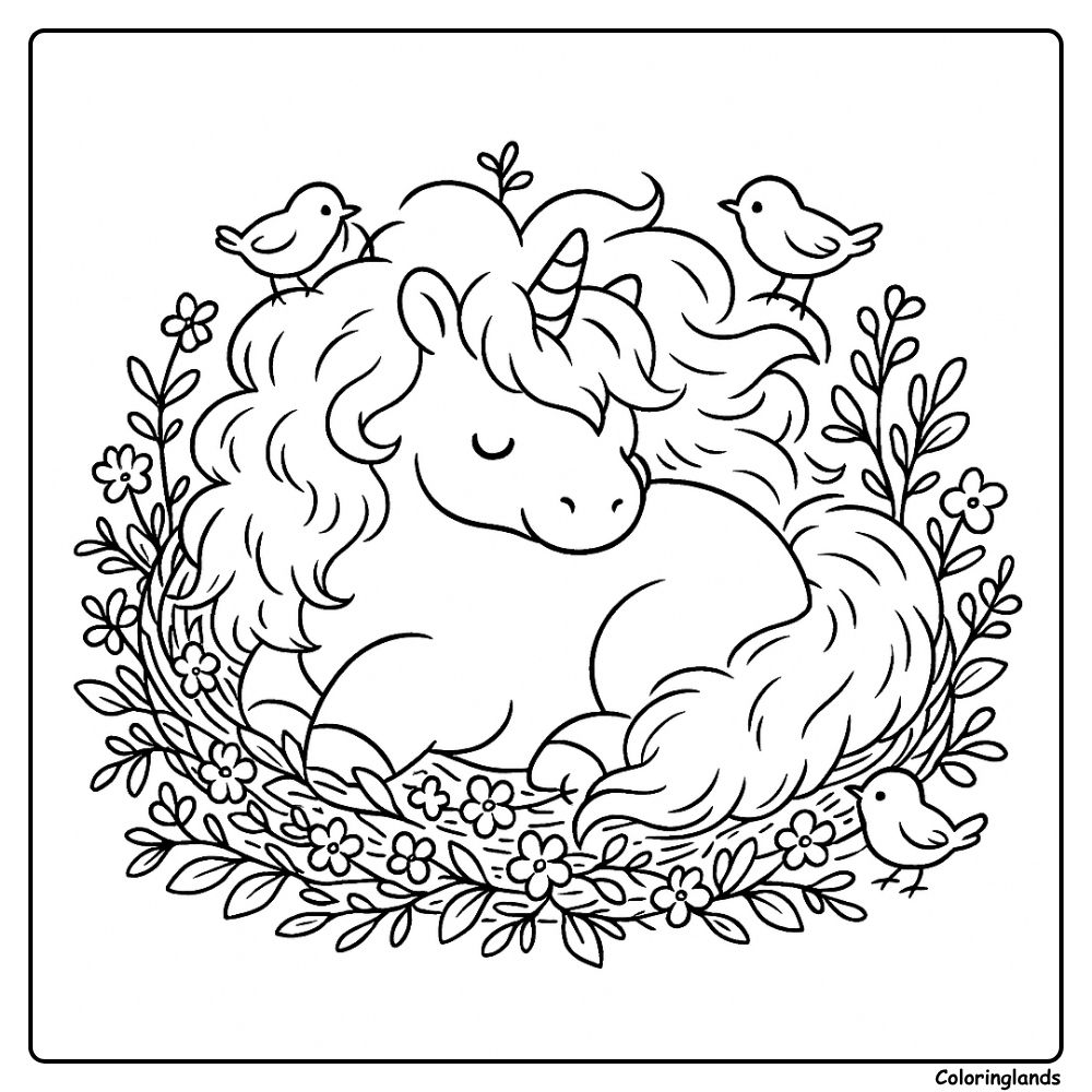 Printable line art of a unicorn napping in blossoms