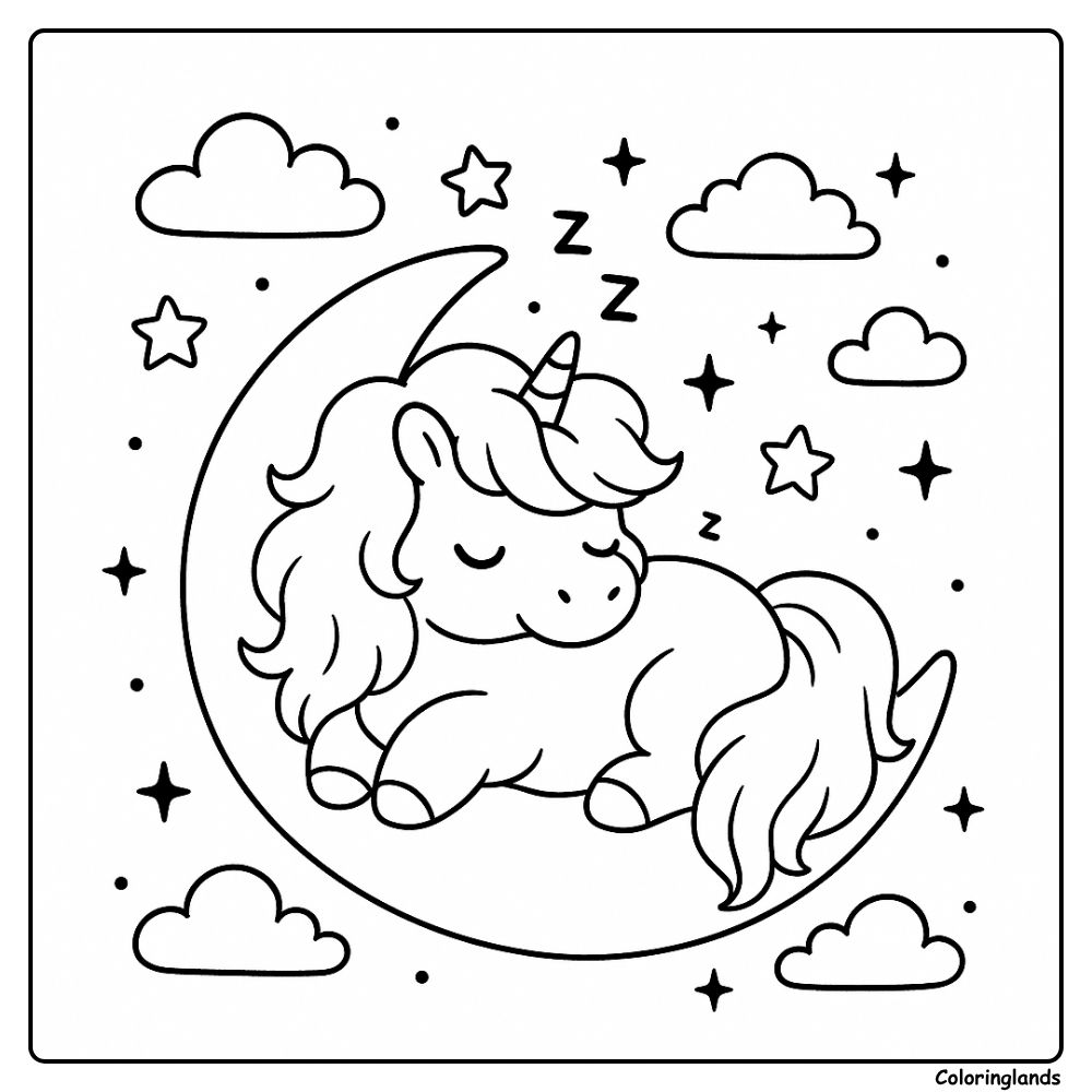 Night sky coloring image with sleeping unicorn and clouds