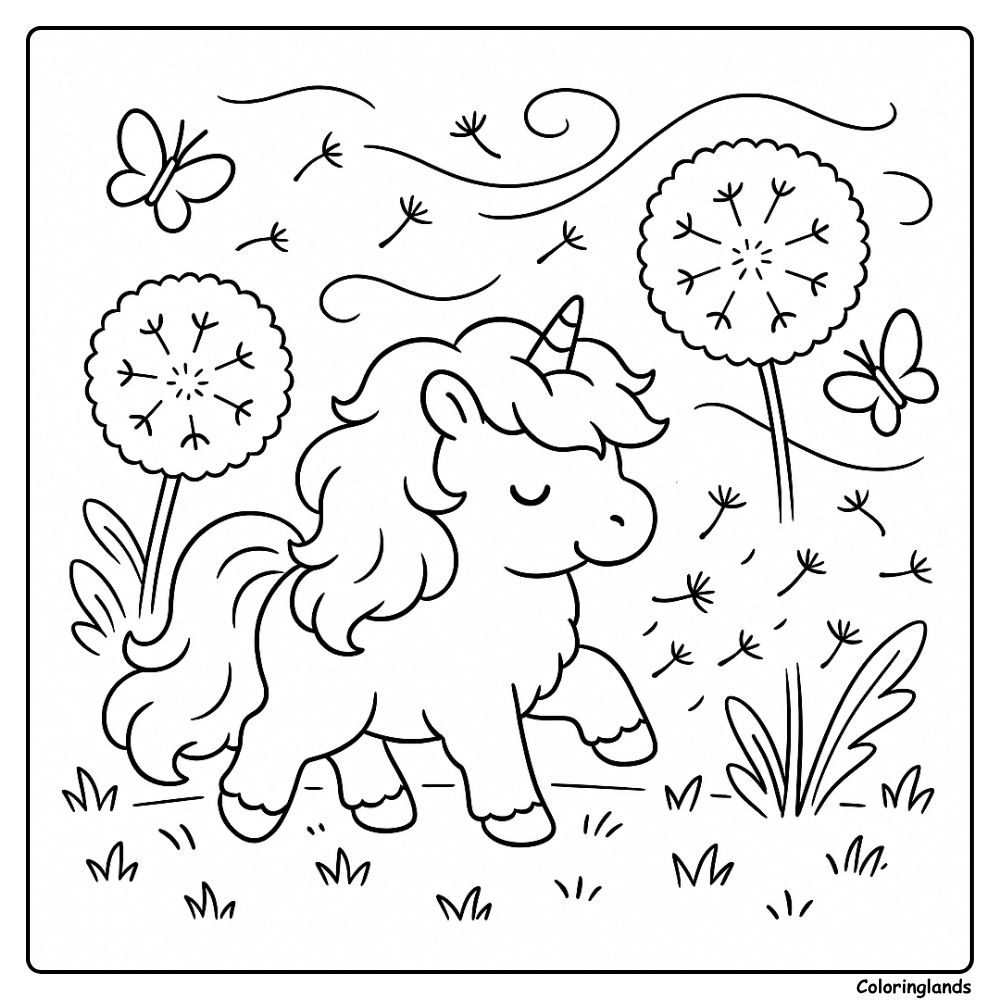 Cute unicorn prancing in meadow with wind and butterflies