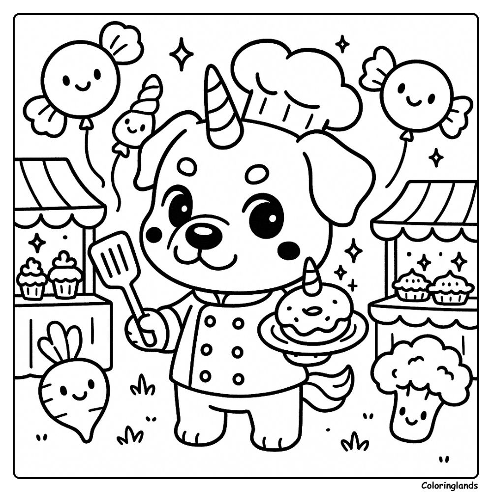 Unicorn puppy cook at a lively street fair coloring sheet