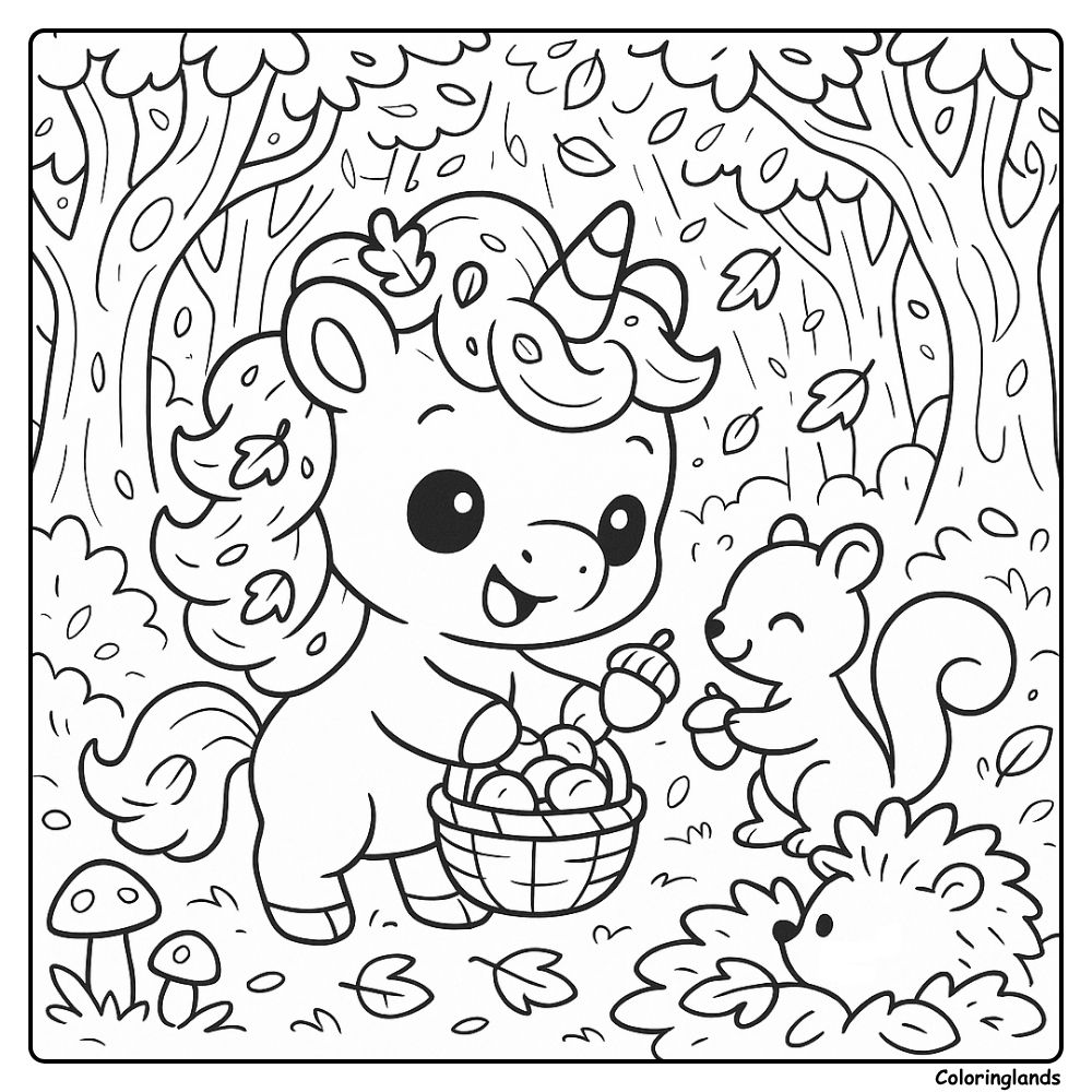Woodland coloring image of unicorn sharing acorns