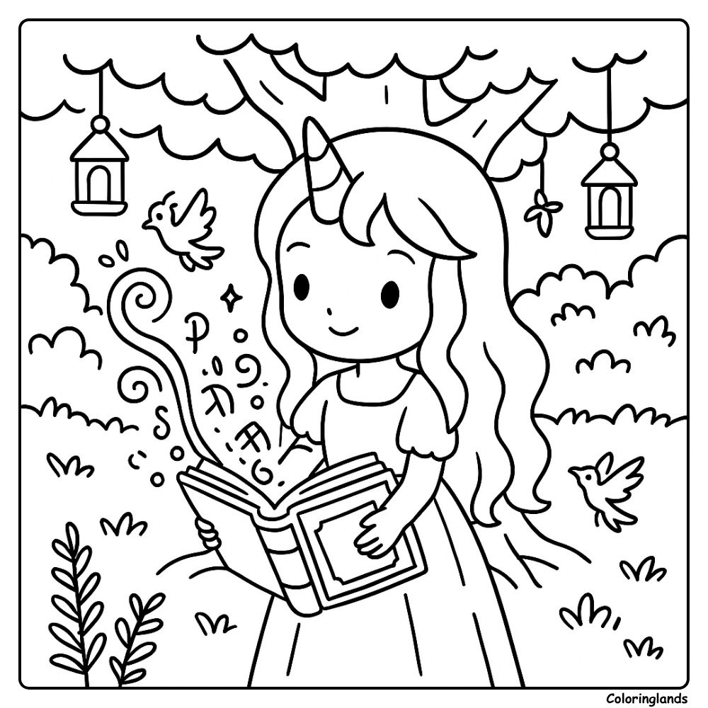 Unicorn reader opens a glowing book under hanging lamps