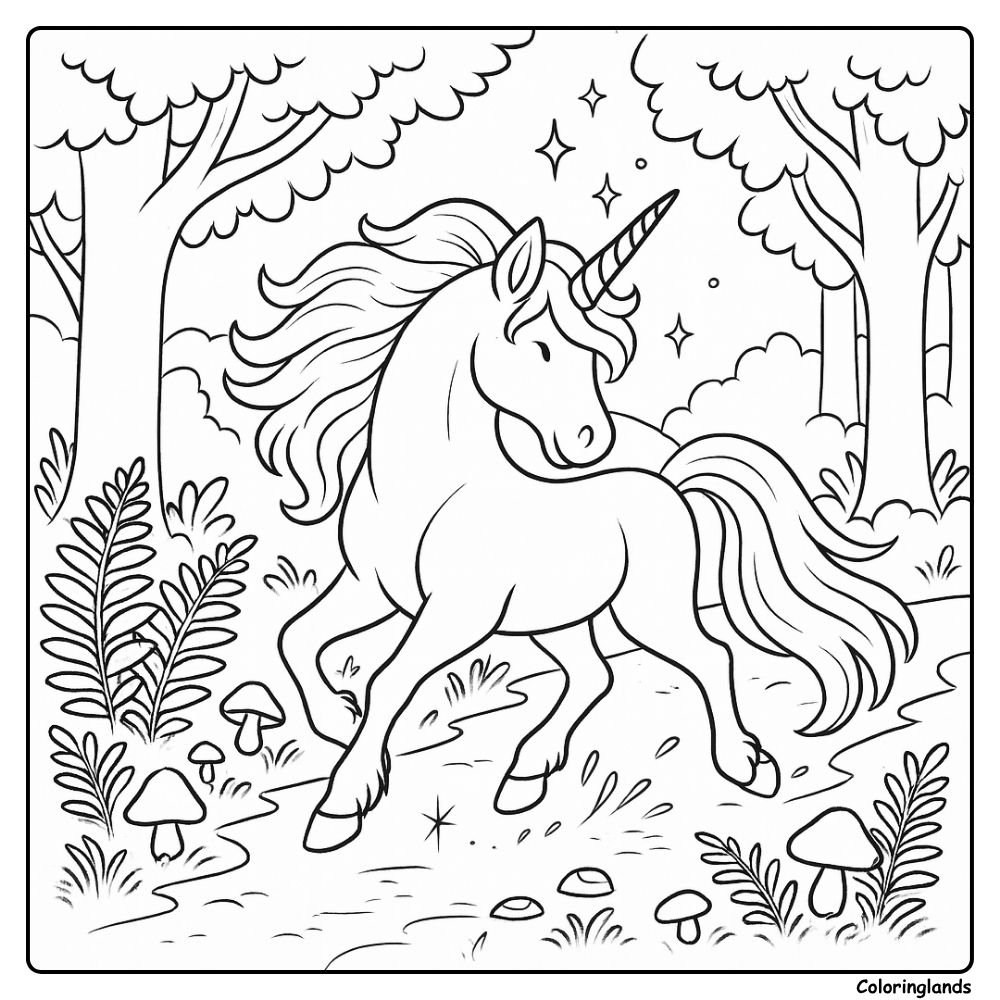 Prancing unicorn on woodland path with mushrooms and stars