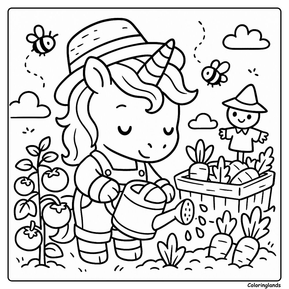 Unicorn watering carrots with tomatoes bees and a basket