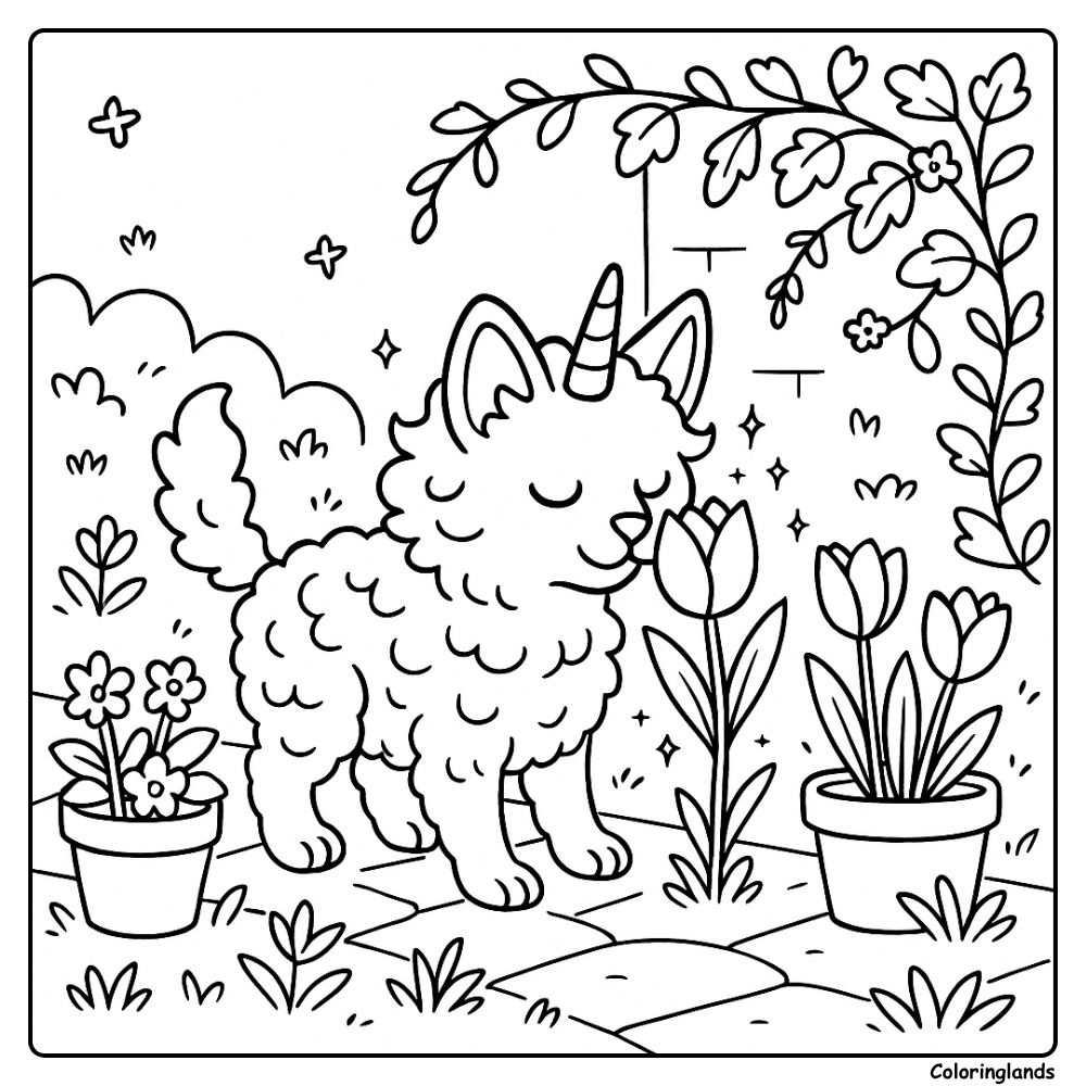 Printable coloring image of curly caticorn by vines and pots