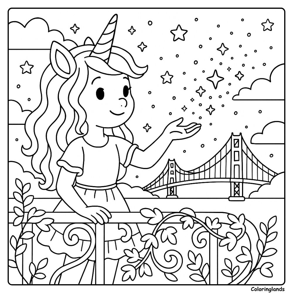 Unicorn girl greets sparkling stars over the big bridge