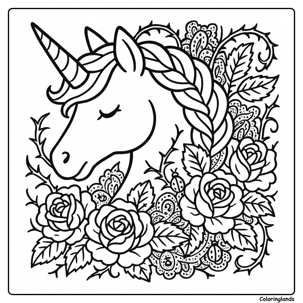 Braided unicorn head framed by roses and paisley vines