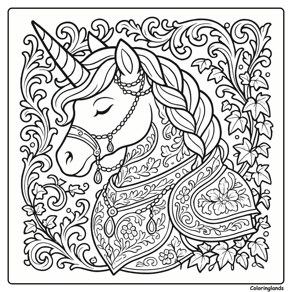 Ornate armored unicorn with ivy border and braided mane