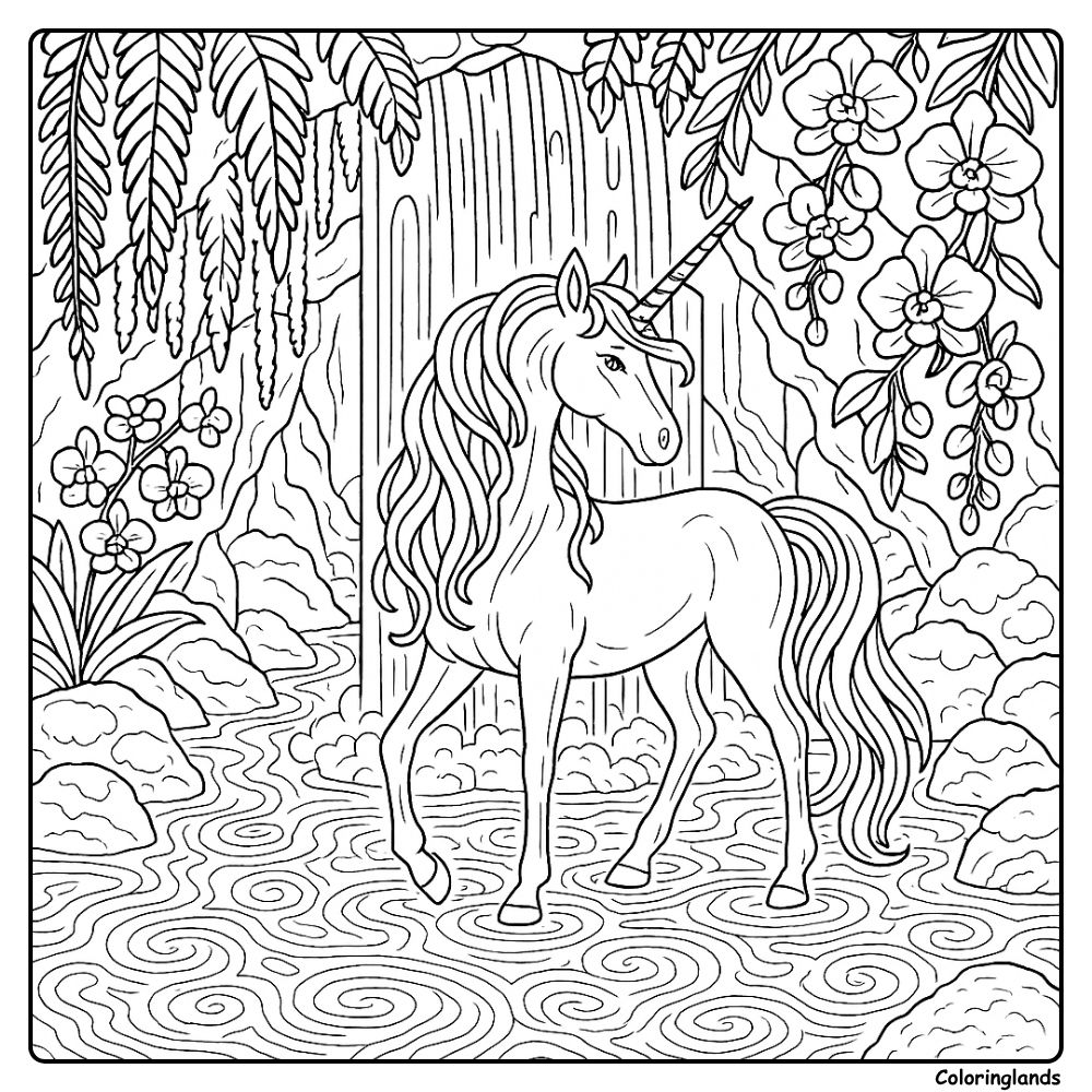 Unicorn beside a tall waterfall with swirling river patterns