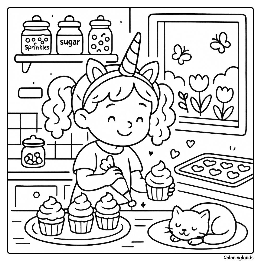 Unicorn girl decorates cupcakes while a cat naps nearby
