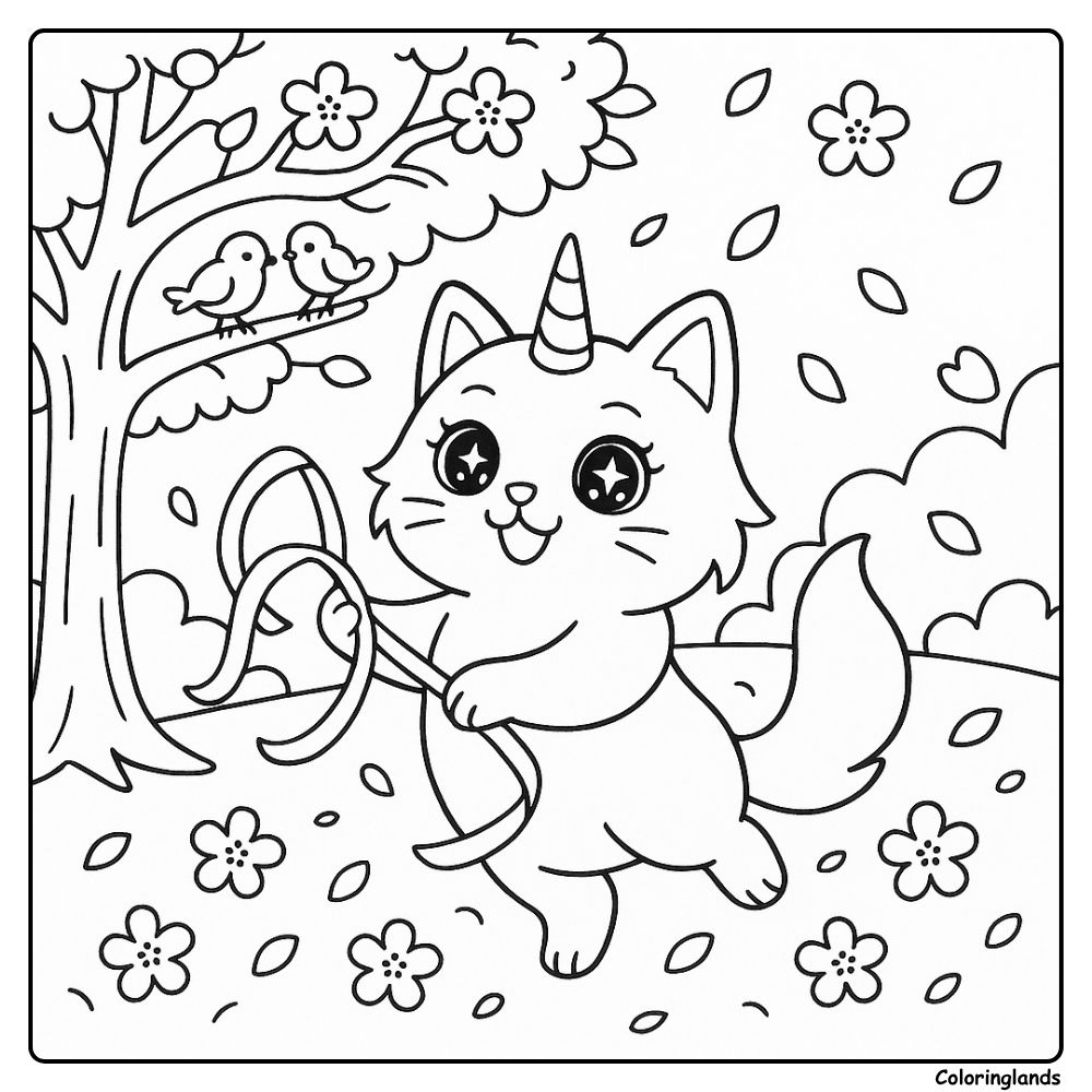 Caticorn skips rope under a blossom tree with birds