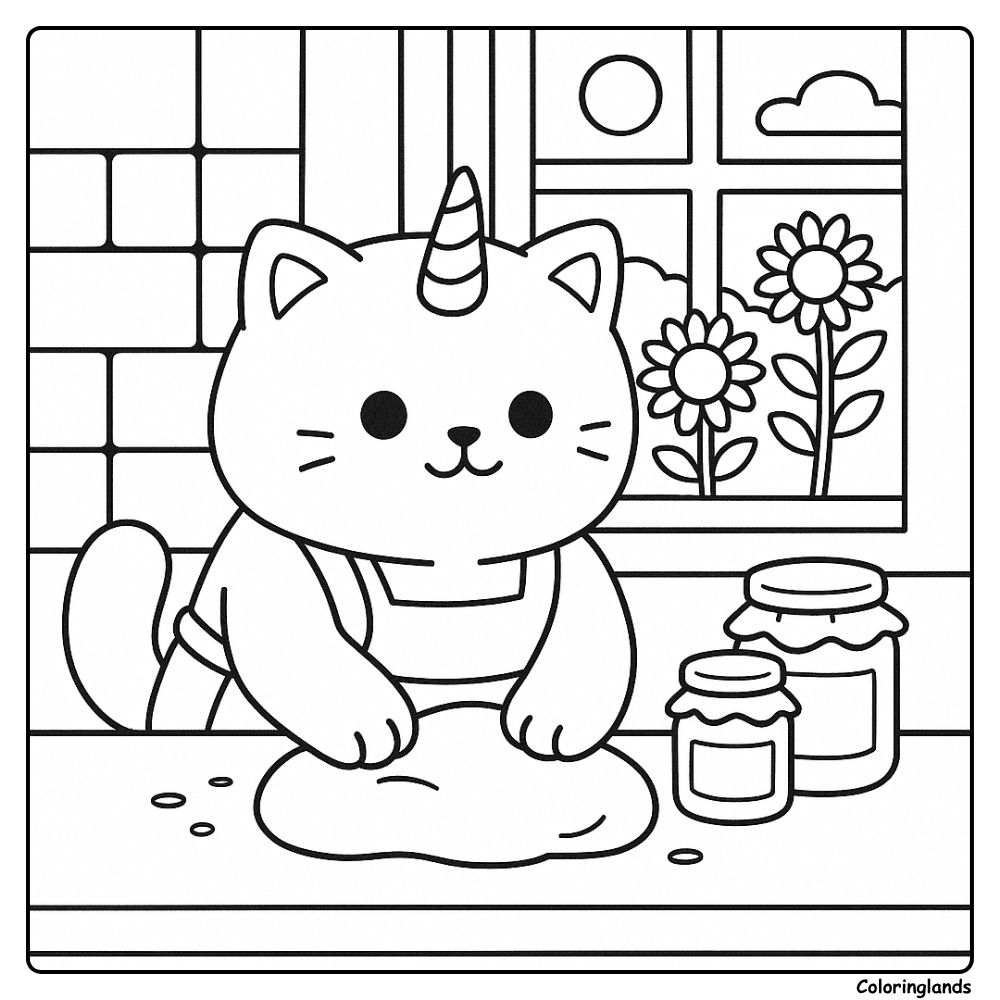 Caticorn baker works soft dough near a sunny window